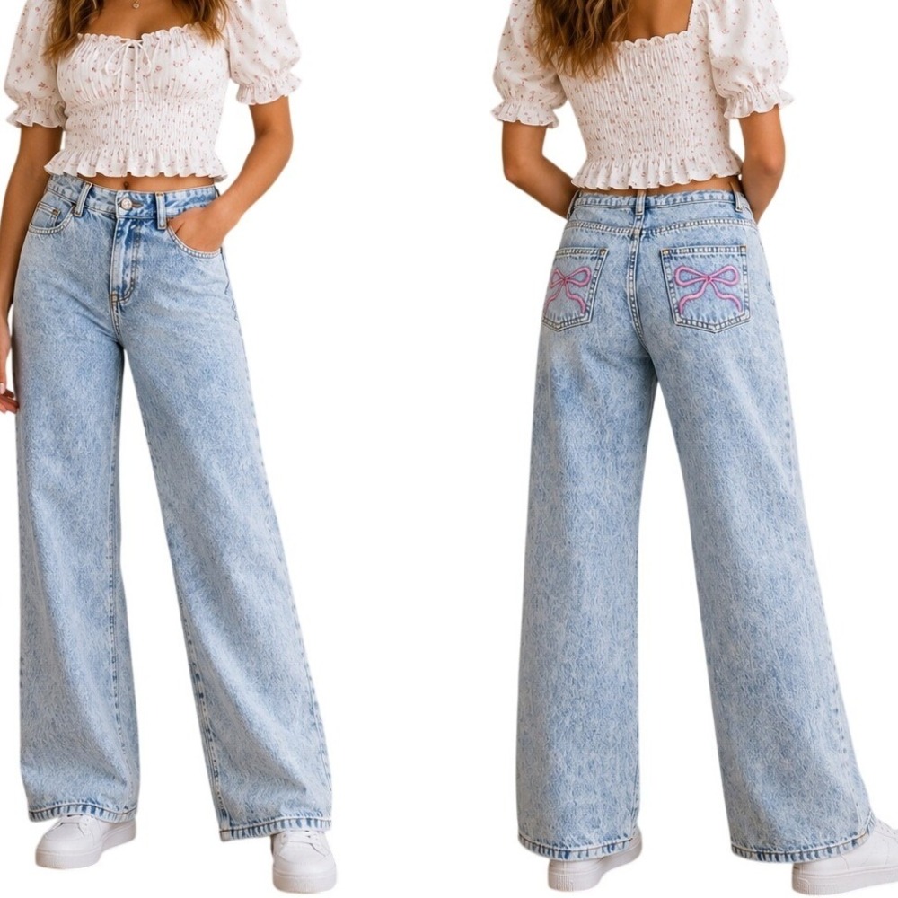 Telepatia Wide Leg Jeans Womens 1/25 Light Wash Pink Bow Embroidery Acid Wash